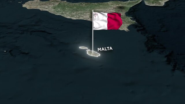 Malta Map Animation with 3D Waving of Malta National Flag and Glowing Border on World Map