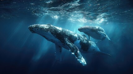 Fototapeta premium humpback whales swimming underwater in ocean with sunlight