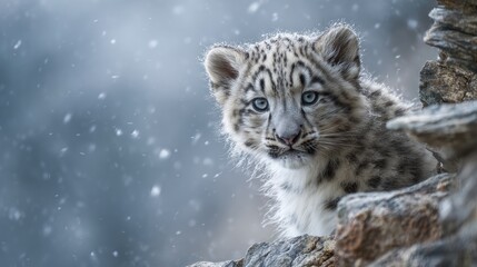 Fototapeta premium snow leopard cub on rocky outcrop in snowy landscape