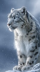 Fototapeta premium snow leopard sitting on snowy mountain peak in stormy weather