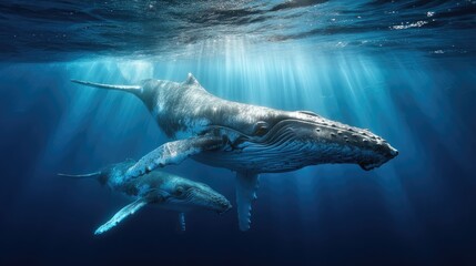 Fototapeta premium humpback whale and calf swimming underwater with sunbeams