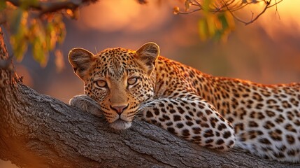 Fototapeta premium leopard resting on tree branch at sunset
