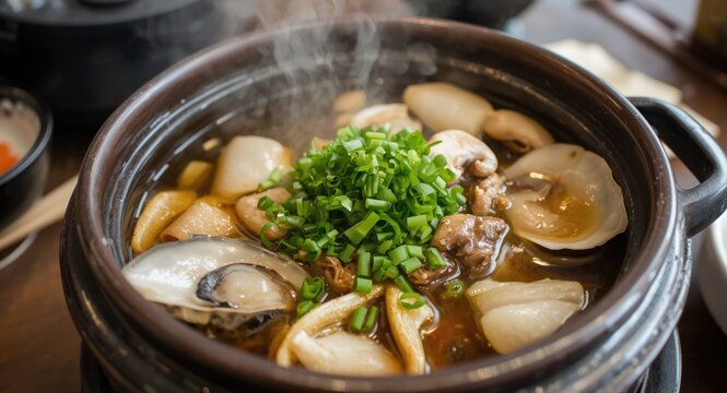 Korean stone pot oyster soup with fresh oysters radish mushrooms bean curd and fresh chives
