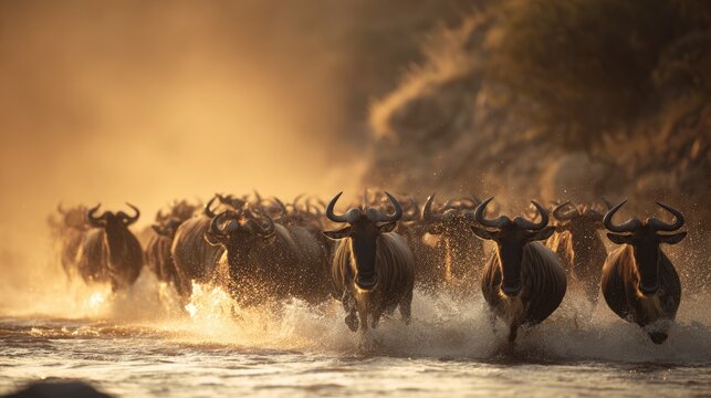 Herd of wildebeest running through water during golden hour in savannah