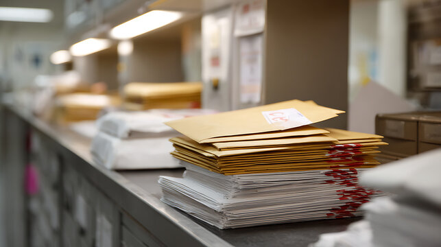 Stacked mail and documents on a counter in a busy office or processing center, illuminated by overhead task lighting. Focus on delivery preparation