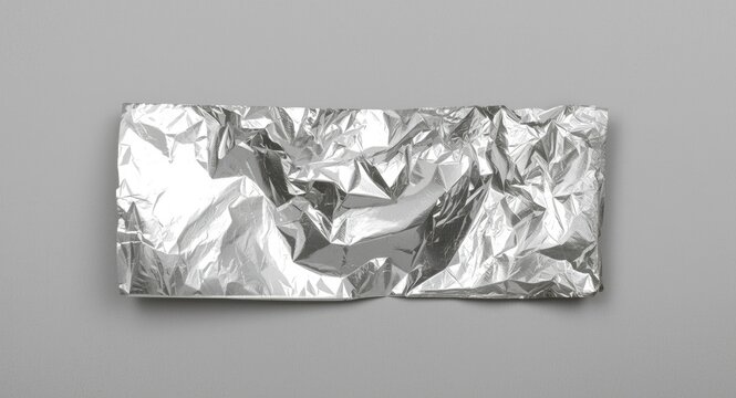 Folded and creased aluminum foil scrap texture captured on a flat gray backdrop