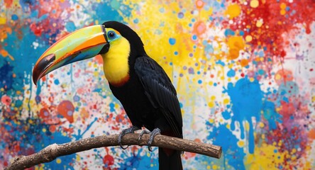 Obraz premium Colorful toucan bird perched with vibrant paint splatter background
