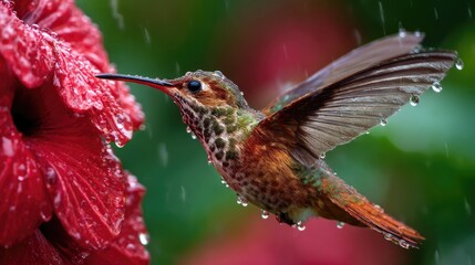 Obraz premium Hummingbird feeding on red flowers in vibrant garden close-up