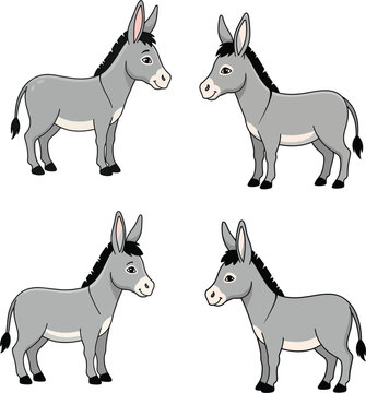 Cute cartoon donkey character collection with various poses isolated on white background farm animal livestock mascot vector illustration