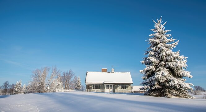 Peaceful snow-covered home and Christmas tree set against vivid blue sky on clear winter day with copy space
