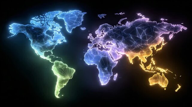 A sleek sci-fi interface showing a glowing world map with interconnected regions, bright neon routes pulsing between cities, stylized chains representing secure infrastructure link