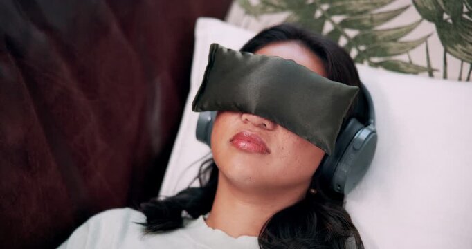 Headphones, psychology or woman with eye mask in counseling for anxiety treatment, healing or PTSD. Above, sound and person with blindfold for microdosing, emotion regulation and psilocybin therapy