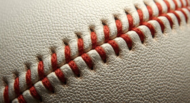 High detail shot of baseball leather and stitch pattern on white surface