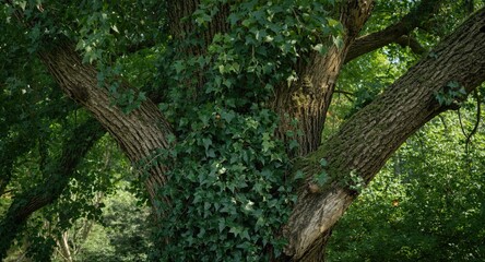 Fototapeta premium Robust tree enveloped by vigorous ivy leaves in gentle daylight