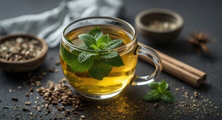 Fototapeta premium Preparation of mint herbal tea focused on enhancing relaxation