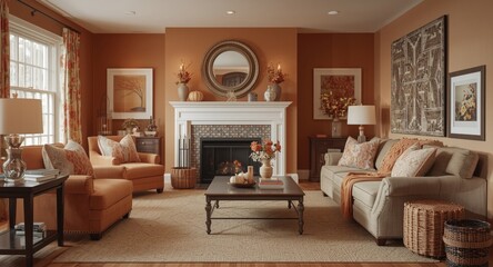 Fototapeta premium Cozy living room interior decorated with warm autumn colors and seasonal accents