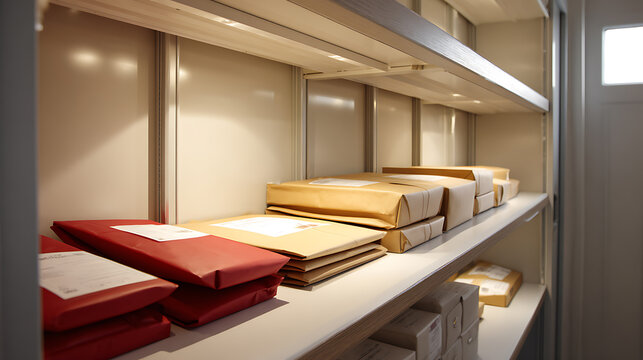 Shelves full of ordered packages and documents await delivery in a quiet storage room, ready for distribution or archive