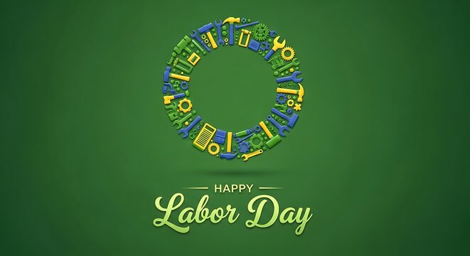 Happy labor day celebration with colorful text circle