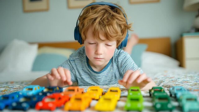 Autistic boy wearing noise cancelling headphones arranging toy cars in precise color coded lines on bedroom floor, after&hellip;