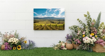 Fototapeta premium Floral accents alongside rural landscape photo on white wall expressing vineyard setting
