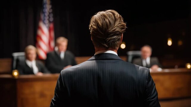 Backlit figure of a man in a dark suit standing before a congressional panel, judge and lawyers seated in front, the US flag waving behind the dais, dramatic side lighting casting