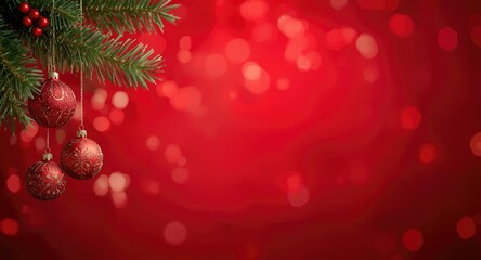 Naklejka premium Holiday baubles on a smooth red blurred backdrop featuring copy space