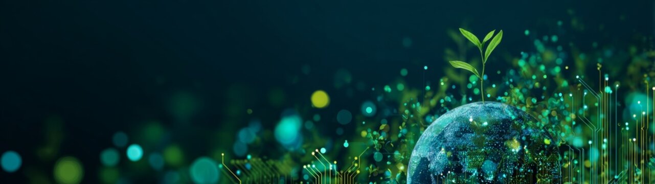 Seeds of tomorrow: nurturing our planet's green future. Human robot. Enhanced elements: a planet embracing its green identity. Artificial intelligence. Cyber interaction.