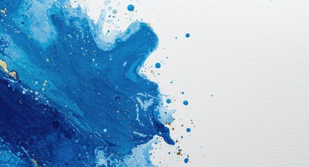 Obraz premium Blue acrylic paint splashes rendered in watercolor style with added gold sparkle details on white canvas