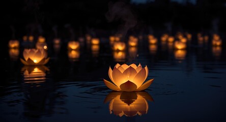 Naklejka premium Shining lotus lanterns gliding on night river for traditional Buddha birthday event