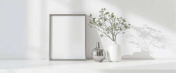 Fototapeta premium Modern white table showcasing silver frame mockup with aloe leaves and decorative vases providing copy space