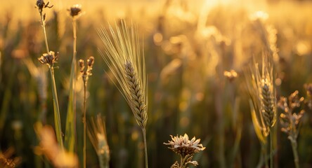 Obraz premium Macro capture of wheat heads glowing in sunlight surrounded by flowering plants in a field