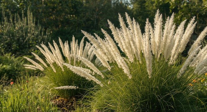 Peaceful garden scene showcasing ornamental white grass flowers under soft sunlight