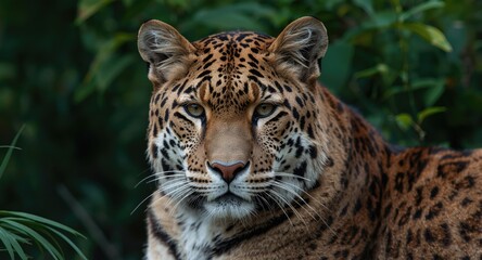 Obraz premium Regal big cat portrait featuring intense gaze and lush greenery