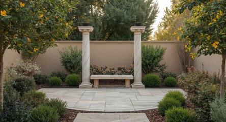 Obraz premium Serene garden with stone bench and columns as central features in a Mediterranean style landscape