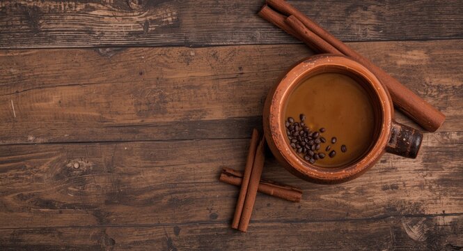 Handmade clay jarrito presenting Mexican coffee enhanced with cinnamon and piloncillo on a natural rustic wood setting