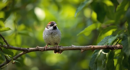 Fototapeta premium Cheery pet sparrow enjoying peaceful moment on lush green tree branch