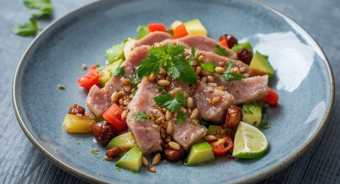 Fresh tuna fish ceviche salad with avocado lime and chili on a grey blue plate