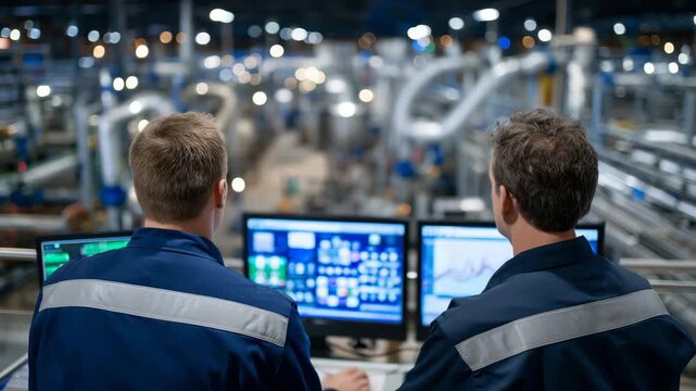 Close-range industrial photograph of an urban water treatment control point, technicians observing digital readouts, pipes and pump systems extending into the distance, moody cool-