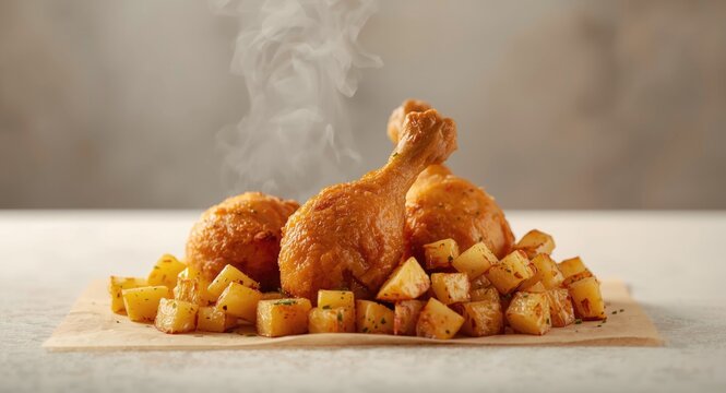 Delicious broasted chicken drumsticks served with crispy roasted potato cubes