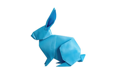 Blue origami rabbit creating an abstract paper animal art form, representing creativity and tradition on transparent background
