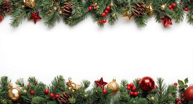 Festive Christmas decoration border isolated on white background with copy space