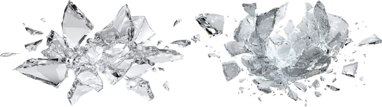 Smashed glass shards scattered Shattered glass pieces scattered on a white surface background isolated on transparent background White broken glass with spiderweb cracks on a split black-and-white