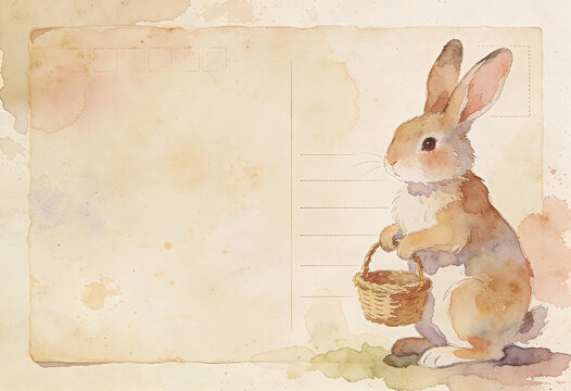 Vintage watercolor rabbit with basket on aged postcard background for easter greeting card or stationery design