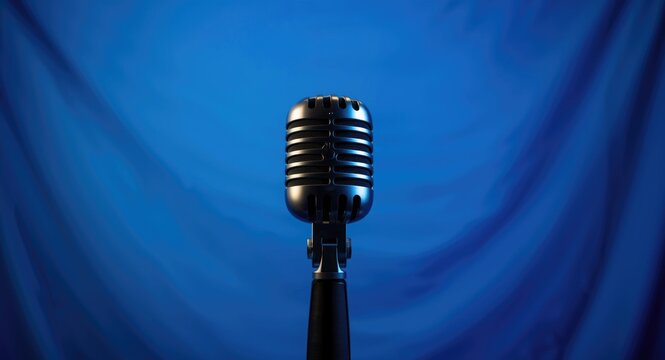 Vintage mic placed before a vibrant blue smooth texture backdrop