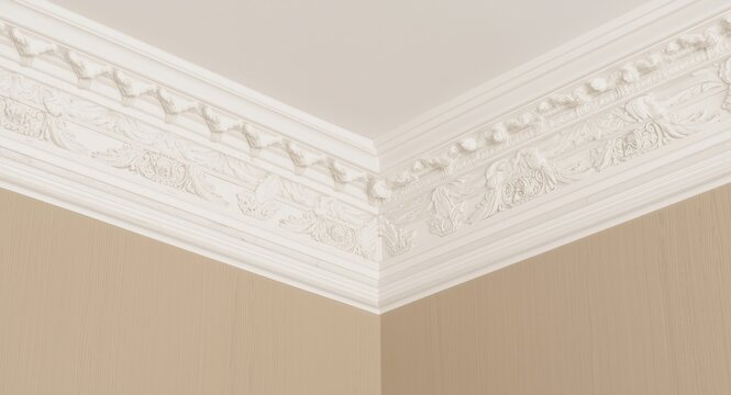 Intricately carved crown molding on a ceiling cornice corner detail