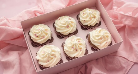 Naklejka premium Simple white card featuring six cupcakes inside a delicate pink box for an attractive gift presentation