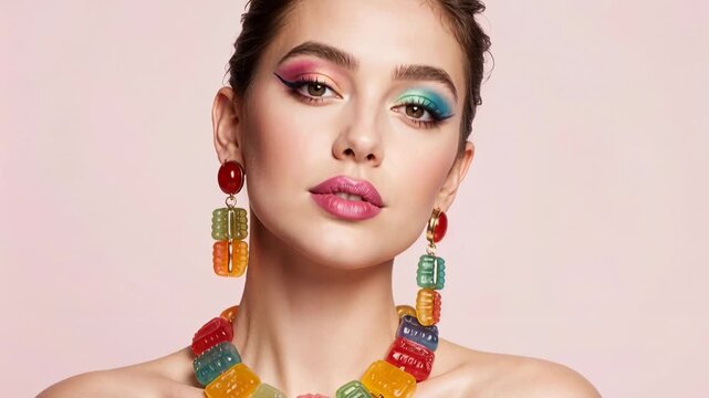 Slow motion close up of woman turning head wearing colorful makeup and statement jewelry in studio portrait