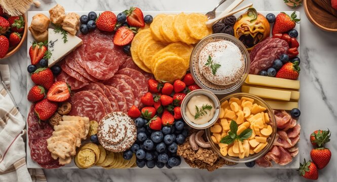 Luxurious Mothers Day charcuterie setup highlighting cheeses assorted meats fruits and desserts on white marble