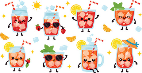 Obraz premium Cute lemonade character vector set with funny juice glasses, citrus drinks and summer cartoon mascots isolated on white background illustration