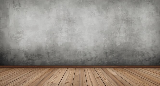 Room backdrop with abstract wallpaper featuring brown wood floor texture alongside cement wall decoration